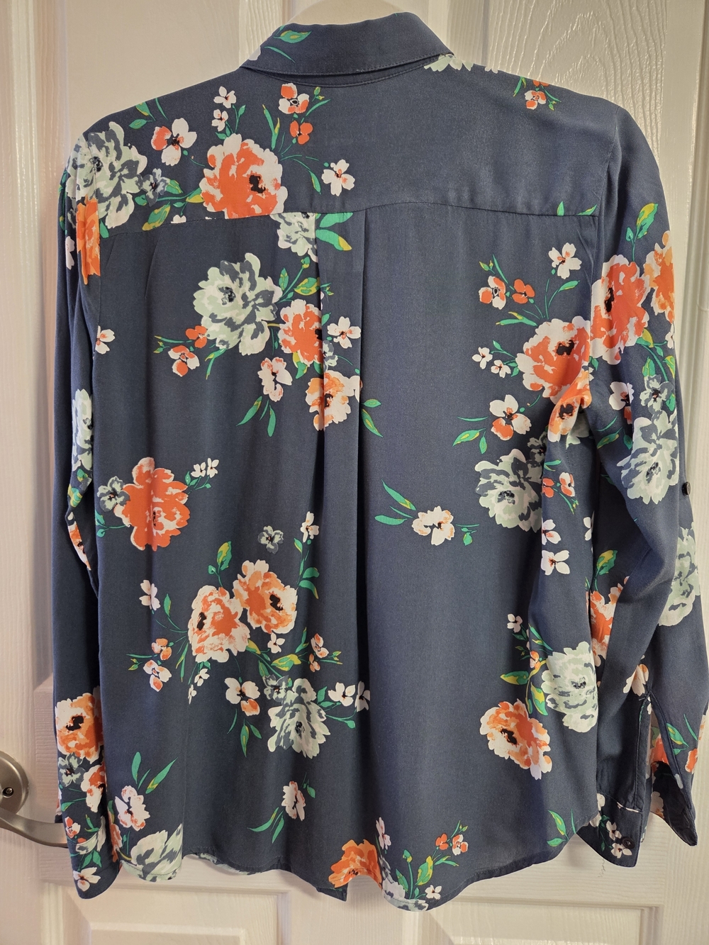 LOFT Navy Floral Button-Down Shirt with Orange and Cream Blooms - Picture 2 of 4